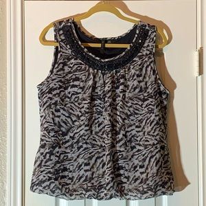 Sioni Brown and Cream Animal Print Tank Top with Jeweled Collar